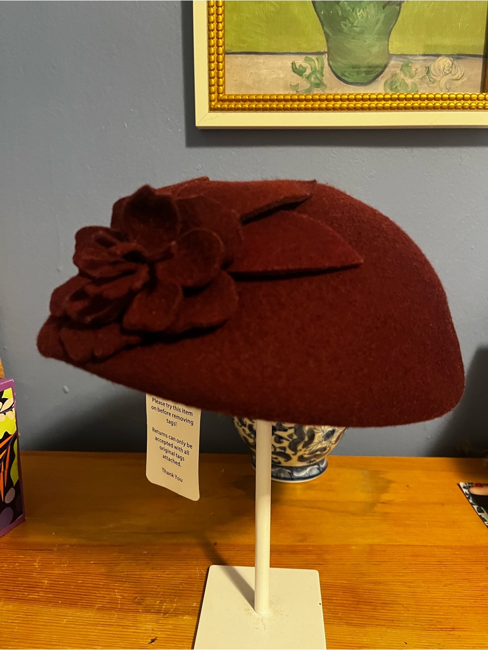 Womens Burgundy Felt Flower Accent Beret Hat 100%soft wool